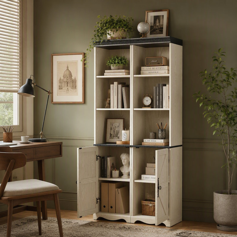 Armoire de rangement haute de style champêtre avec étagères réglables, bibliothèque en MDF imitation bois 3D avec porte coulissante de style grange