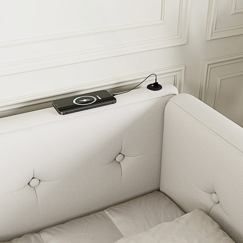 Lit plateforme tapissier grand avec ports USB