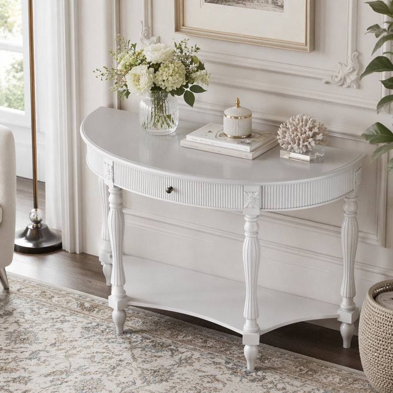 Console demi-lune en bois massif avec tiroir et tablette, White