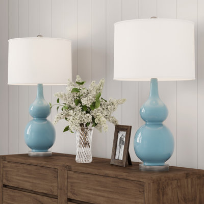 Ensemble de 2 lampes de table de chevet en céramique de 14 po Andover Mills - lampe moderne en céramique avec double gourde de style rétro pour chambre à coucher, salon ou bureau avec ampoules DEL (ciel / blanc)