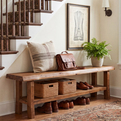 Banc à chaussures en bois massif Farmhouse, banc de rangement à 2 niveaux avec tablette de rangement inférieure pour l'entrée, entrée