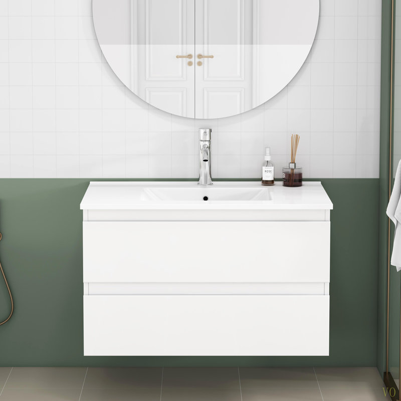 Meuble-lavabo de 31,5 po avec lavabo combiné, armoire avec 2 grands tiroirs, système de fermeture en douceur, 2 grands tiroirs, conception sans poignée, assemblage facile