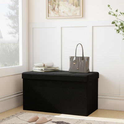 Folding Storage Ottoman Bench, 43.5" Large Capacity Foot Stool, Wooden Top, Black Linen