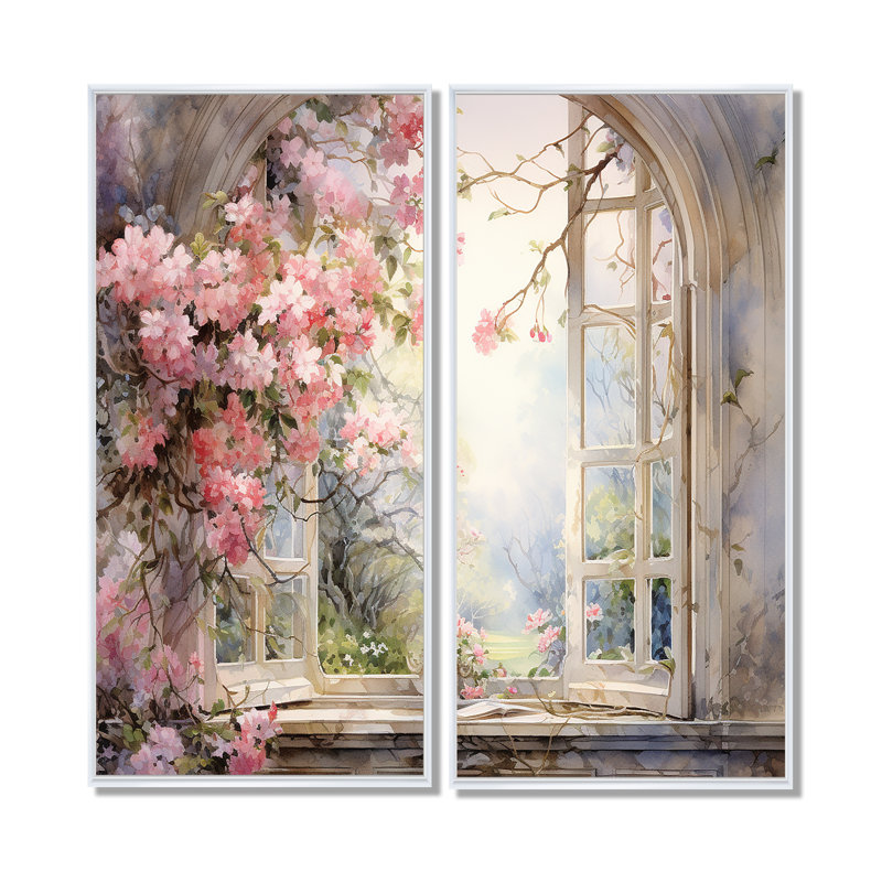 «Pink Blossoming Country Window Gaze I», impressions d'art traditionnel brun sur toile, 40" H x 40" W, White