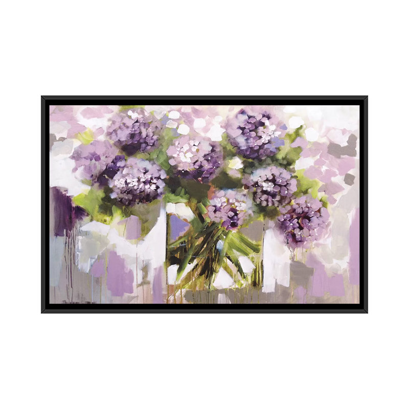 « rosé hortensia », impression sur toile, H 18 po x l 26 po x P 1,5 po, Toile avec cadre noir, Pas de tapis