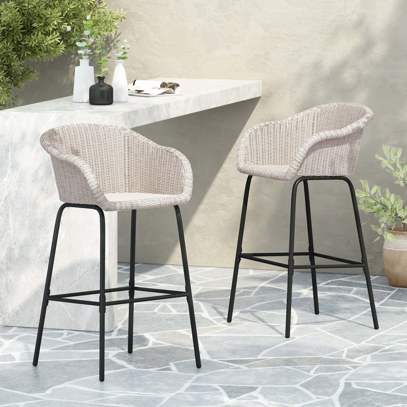 Tabouret de bar d'extérieur en osier en métal Ladd, ensemble de 2, Gris clair