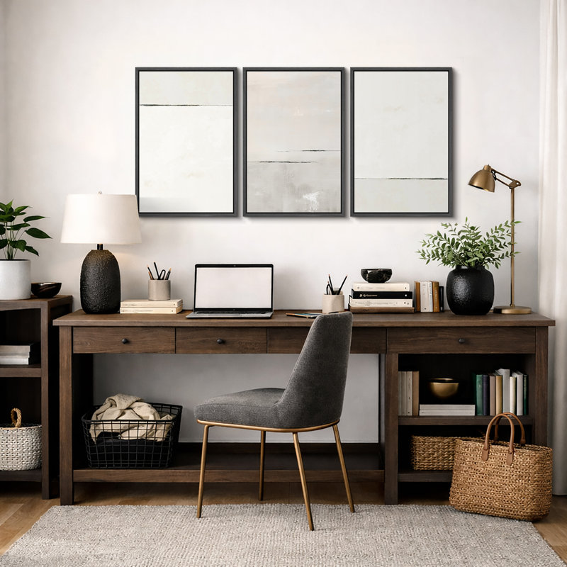 "Minimalist" Beige & Gray Tunes, dessin abstrait de lignes d'horizon abstraites, images murales modernes neutres simples, impression sur toile encadrée, 3 pièces x 3 pièces