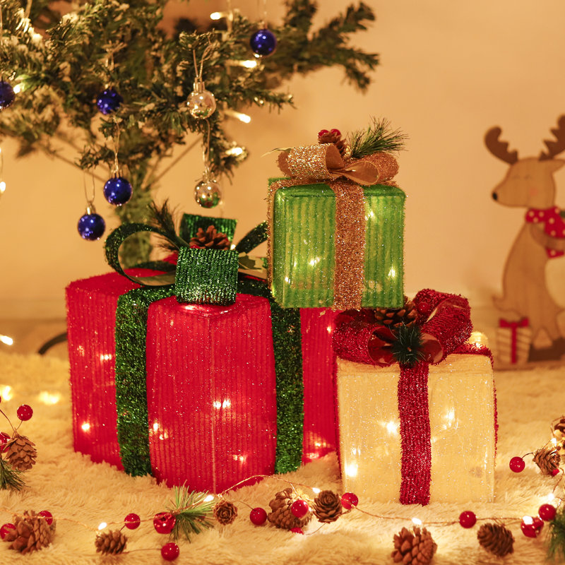 3 Gift Boxes with LED Lights Battery Power Waterproof for Indoor Outdoor Decoration