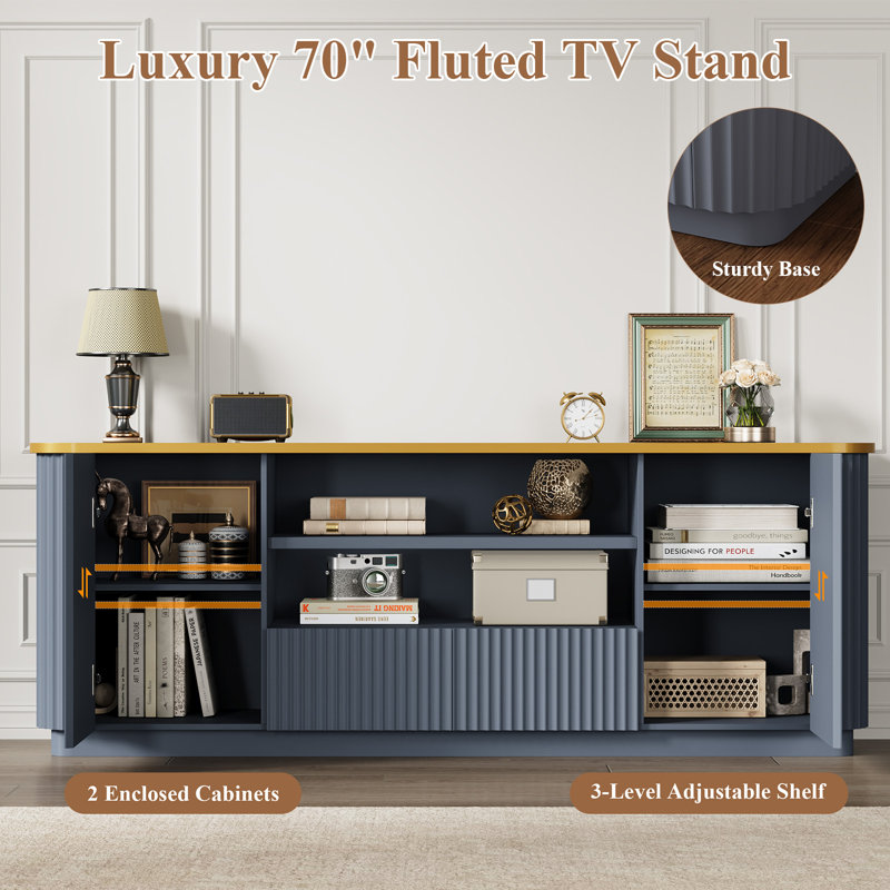70"Fluted TV Stand for TVs Up to 80", Modern Entertainment Center with 2 Drawers & Cabinets, TV Console with Curved Profile Design