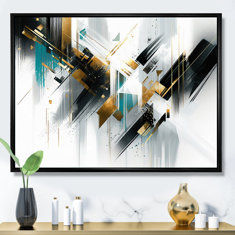 " Teal Gold Cubist Kaleidoscope I ", H 12 po x l 20 po x P 1 po, Cadre flottant noir