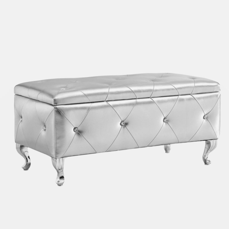 Upholstered Storage Ottoman Bench For Bedroom End Of Bed Faux Leather Rectangular Storage Benches Footrest With Crystal Buttons For Living Room Entryway (Silver)