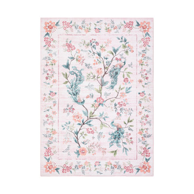 Washable Rugs for Bedroom Ultra-Soft Floral Peacock Floor Mats, Stain-Resistant Farmhouse Indoor Carpet with Non-Slip Backing, Foldable Thin Accent Rug for Living Room, Nursery