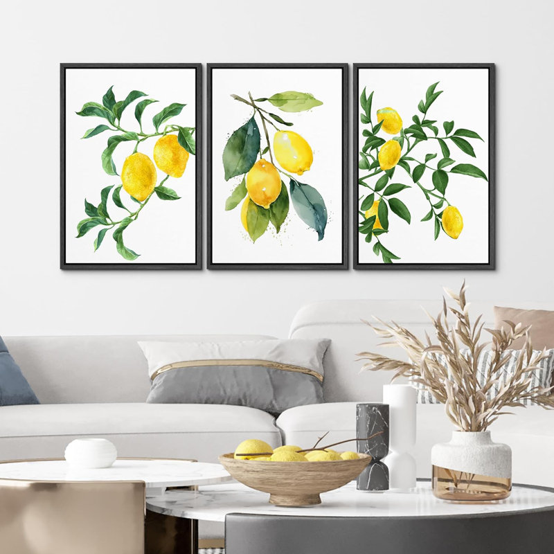 «Kitchen Food Watercolor Lemon Fruits», reproduction sur toile encadrée de 3 pièces, Noir, H 24 po x l 16 po x P 1,5 po