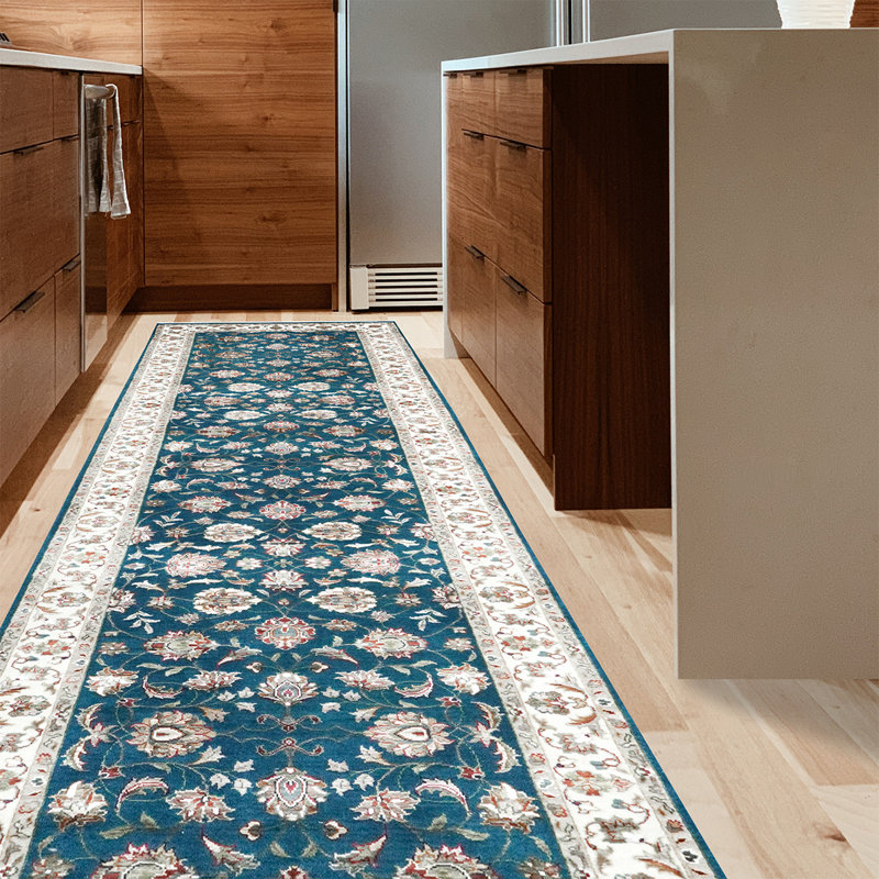 Tapis de couloir oriental noué à la main turquoise / ivoire