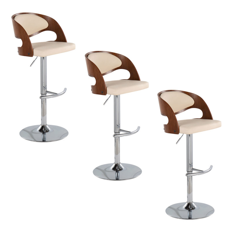 Tabouret de bar ajustable Pino, Crème / argent / noyer, 3