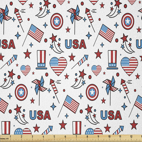 4th of July Fabric by The Yard, Uncle Sam Hat Pin Wheel and Flag The United States America,Square East Urban Home