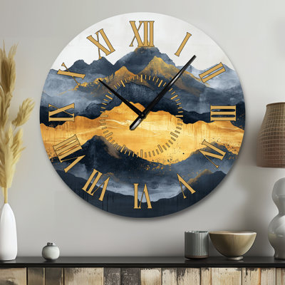 Mountain Mirage in Black and Gold I - Modern Metal Wall Clock