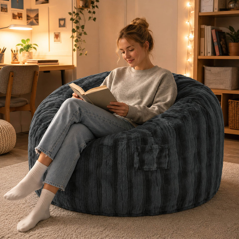 Pouf de 90 cm, modèle Wave Plush avec rembourrage en mousse mémoire et housse lavable