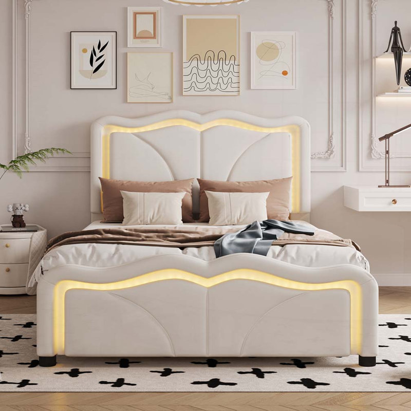 Lit plateforme tapissier avec tête de lit courbée et à hauteur ajustable, bandes lumineuses à DEL