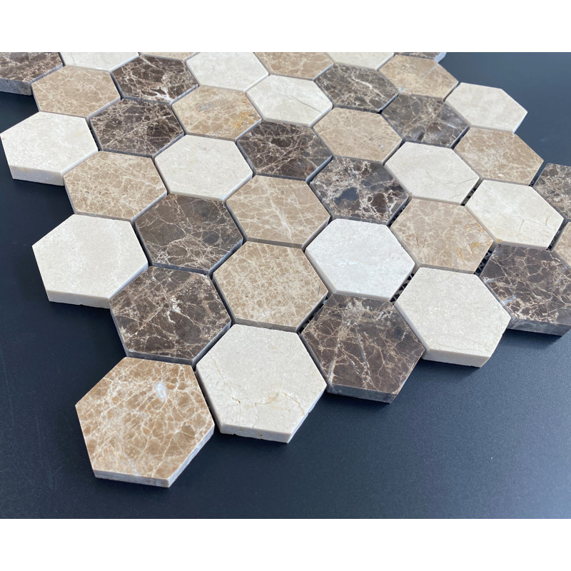 Honeycomb 2" x 2" Honeycomb Mosaic Wall & Floor Tile, Dark Emperador / Light Emperador / Cream Marfil