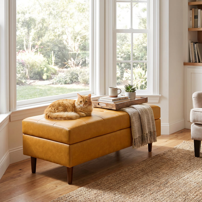 Faux Leather Ottoman Bench With Tufted Seat, Padded Upholstered Bench For Bedroom, Entryway, Dining Room, Brown
