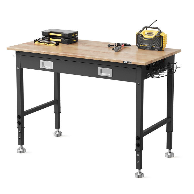 Établi robuste 48 po x 24 po avec tiroir, hauteur réglable 28-39,5 po, plateau en bois d'hévéa et prises ETL