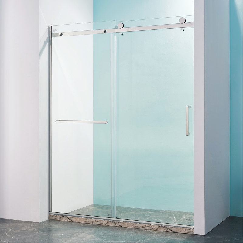 Porte de douche coulissante simple demi-cadre l 56 à 60 po x H 75 po, acier inoxydable 304 en nickel brossé, verre trempé clair de 5/16 po (8 mm) d'épaisseur