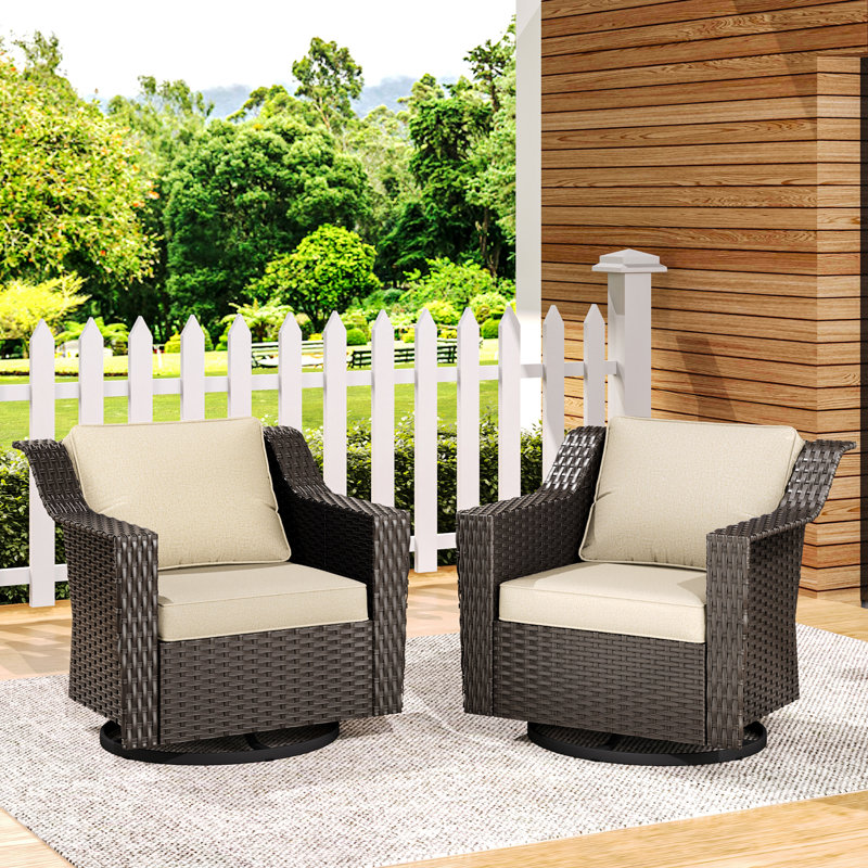 2-Piece PE Wicker Outdoor Lounge Swivel Chair with 4" Thick Beige Cushions, Beige