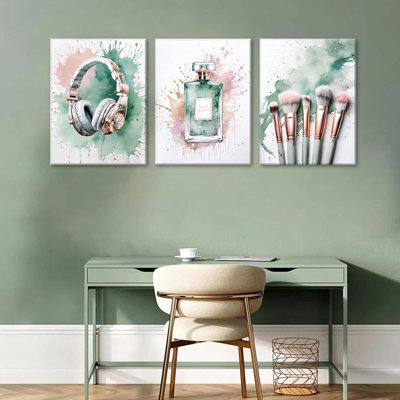 3 pièces d'adolescentes de chambre à coucher sur toile, art mural, aquarelle, maquillage, affiches, sauge, vert, rose, or, argent, peinture, décoration murale, amateur de musique, images pour adolescent