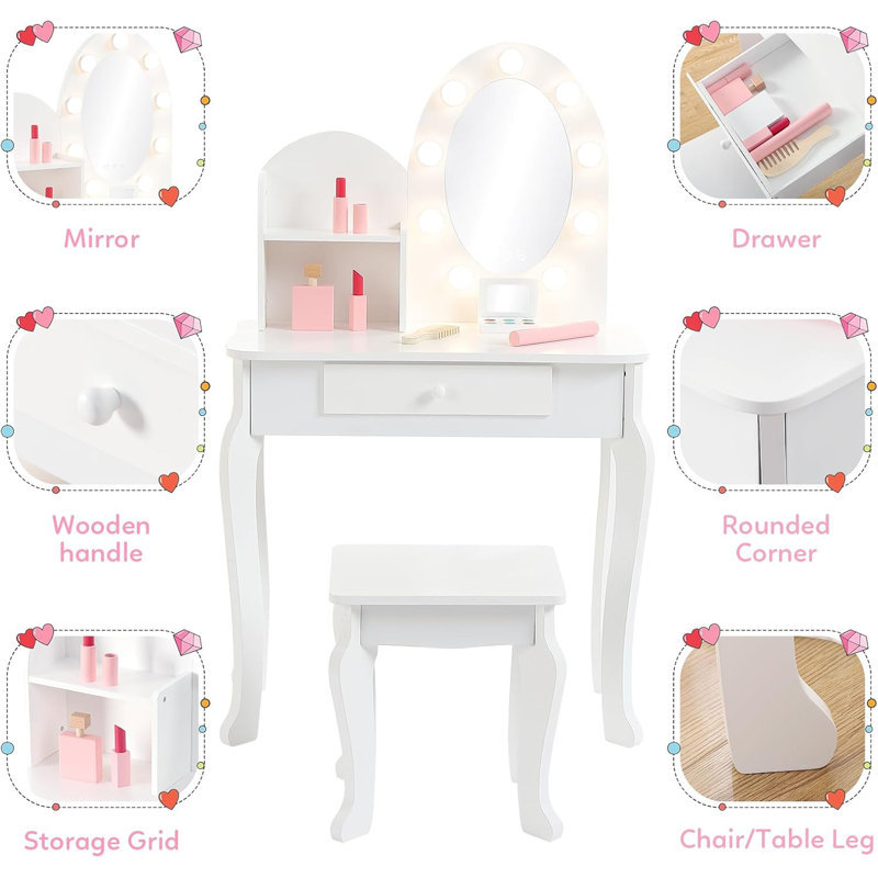 Kids' Vanity Table with Lighted Mirror & Stool, Wooden Makeup Playset for Girls Ages 4-9, White