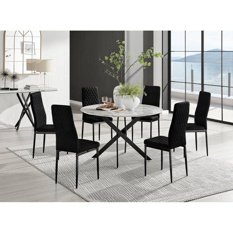 Tierra Modern Chrome Metal & Marble Effect Round Dining Table Set with 6 Quilted Velvet Dining Chairs, Black, Black
