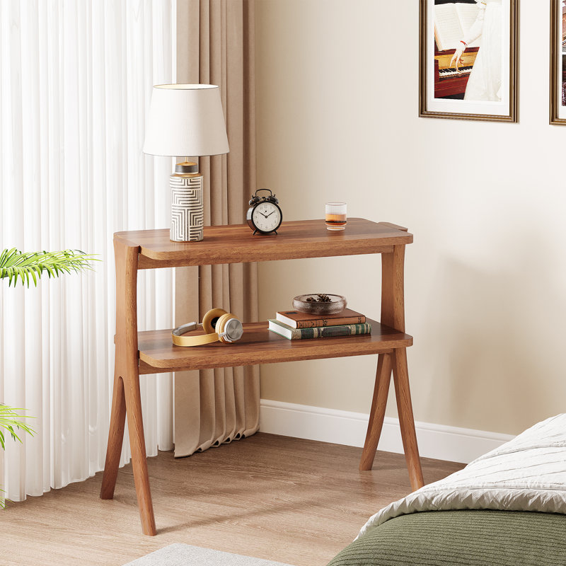 24.6'' Tall End Table Side Table With 2-Tier Storage Shelves And Solid Wood Legs, Walnut