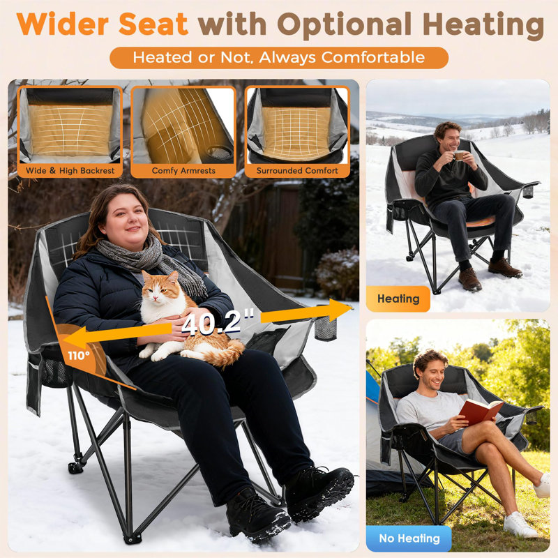 Oversized Heated Camping Chair With 3-Level Warmth & Dual Heating Zones, Portable Folding Outdoor Heated Seat For Camping, Sports & Lawn Use (Battery Not Included)