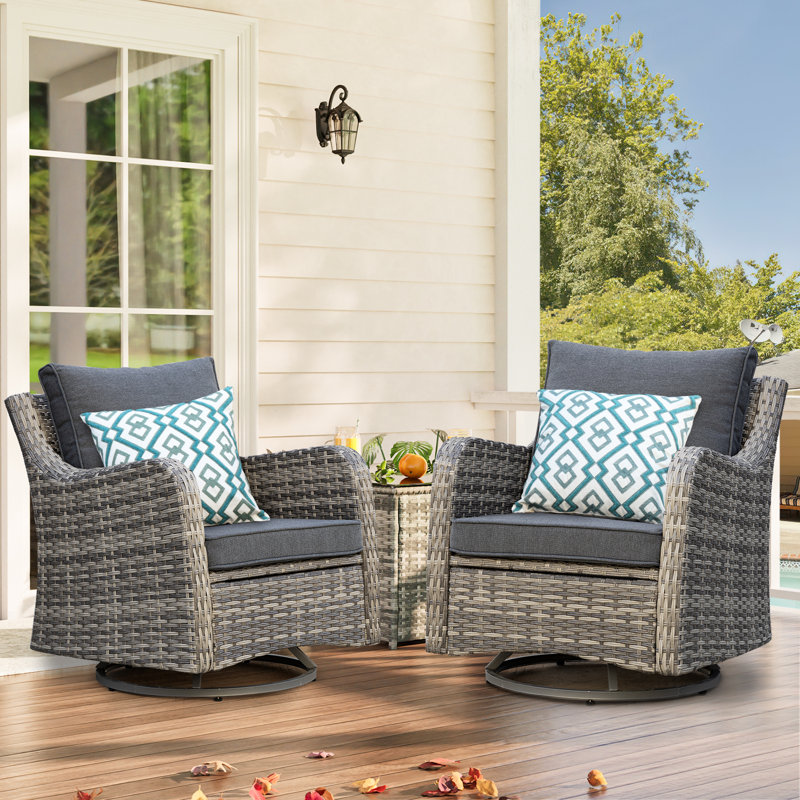 3 Piece Outdoor Rattan Patio Furniture Set, Wicker Patio Conversation Set With 1 Side Table, 2 Swivel Rocker Chair, Grey