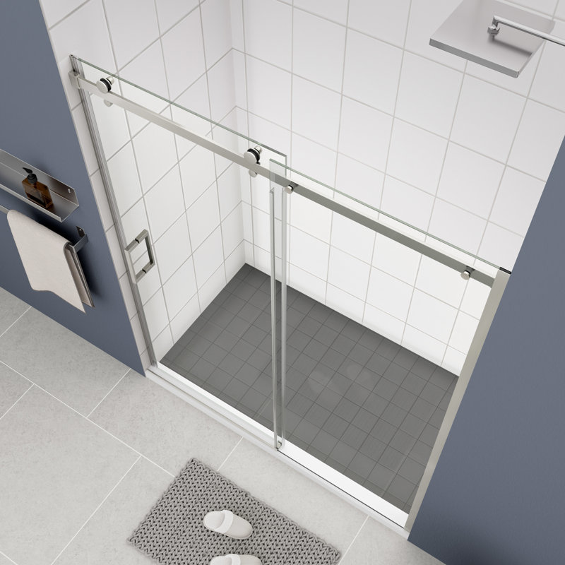 5/16" Tempered Glass Shower Sliding Door With Quiet And Smooth Operation - Static-, Silver