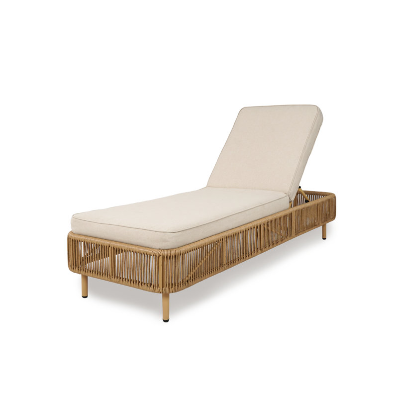 Outdoor Chaise Lounge With Cushion And 5 Ajustable Backrest, White Cushion/Brown Frame