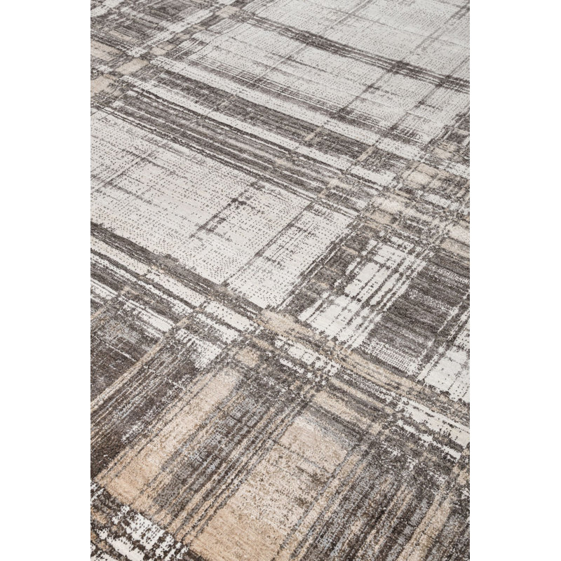 New Indian Abstract Plaid Wool And Silk On Cotton 9' X 12'3" Pearl