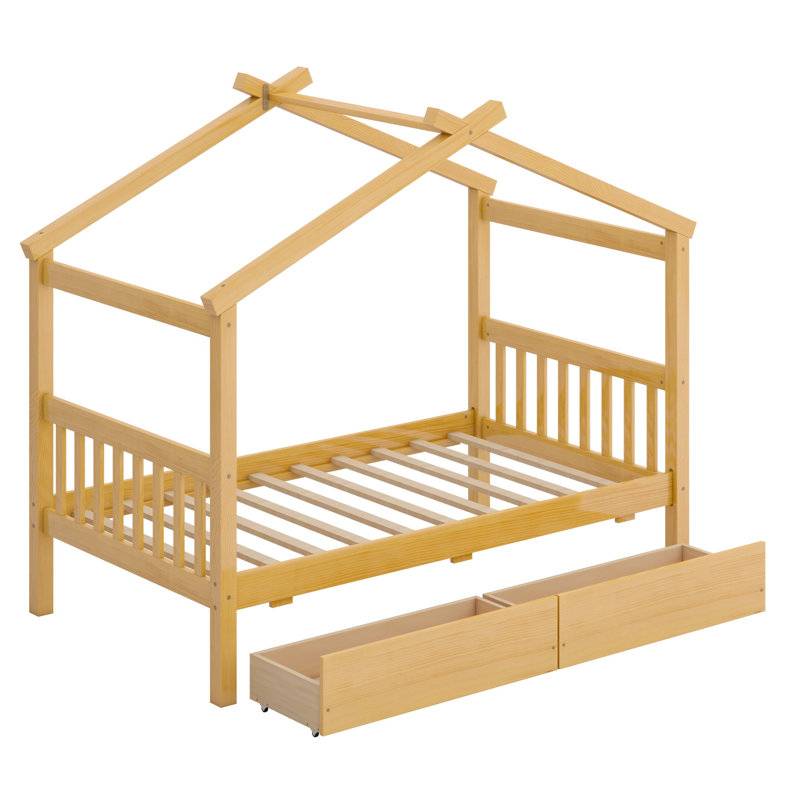 Lit en bois avec tiroirs, Naturel