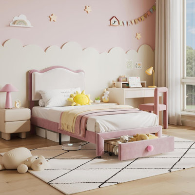 Upholstered Twin Bed Frame with Storage Drawer & Scallop Headboard, Princess Twin Size Platform Bed Frames for Kids Girls, Wooden Slats Support, No Box Spring Needed