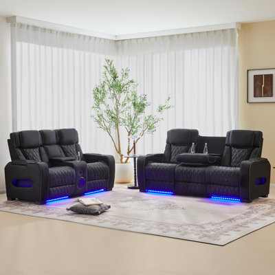 Canas Sizemore 2 Piece Reclining Pu Leather With Storage Cup Holder And Bluetooth Speaker Led Light Living Room Set