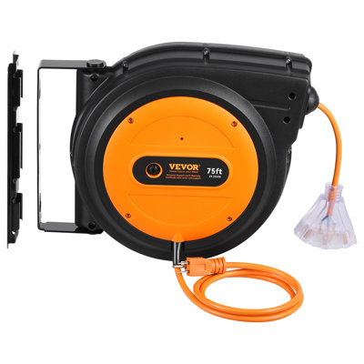 Enrouleur de cordon d'extension rétractable, 75 pi, robuste 14AWG / 3C SJTOW cordon d'alimentation rétractable avec prise de courant triple éclairée, disjoncteur 13 ampères Support pivotant à 180 ° pour fixation au plafond ou au mur