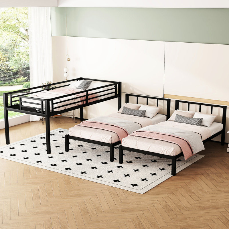 Lit superposé triple en métal noir pour 3 personnes - Simple au-dessus et simple TG, avec barrières de sécurité et lit simple à haut rendement
