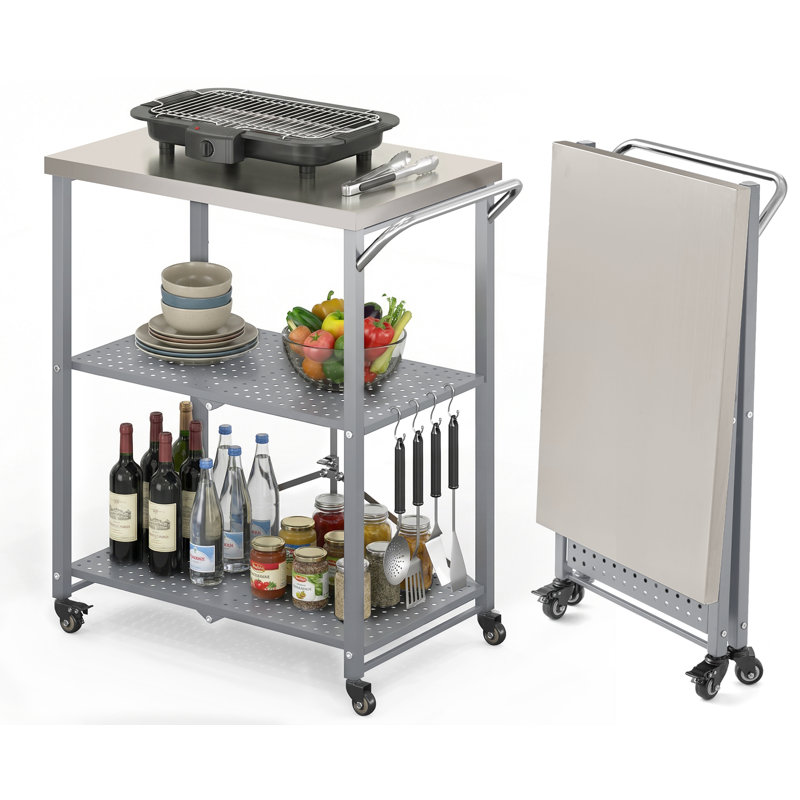Table de barbecue extérieure pliante avec 2 roulettes verrouillables, Argent