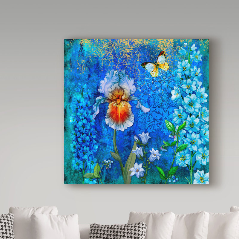 «Delphinium and Iris», impression sur toile tendue, H 18 po x l 18 po x P 2 po