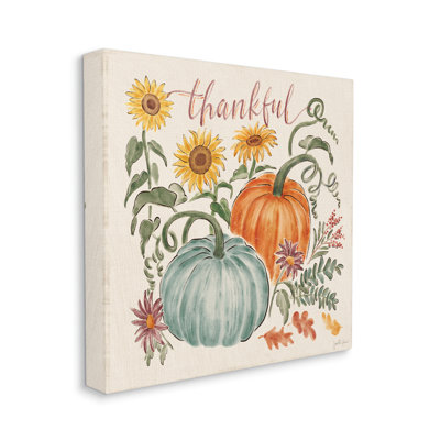Thankful Text Autumnal Flower Blossoms Pumpkins Design by Janelle Penner - Painting