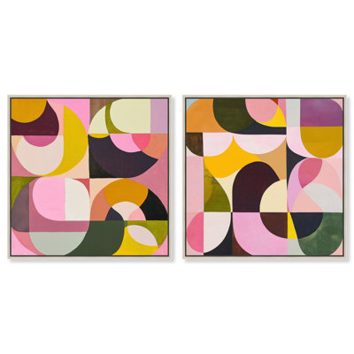 Ensemble de décorations murales colorées Curvilinear Structures I & II par Art Remedy, cadre argenté, 12 x 12
