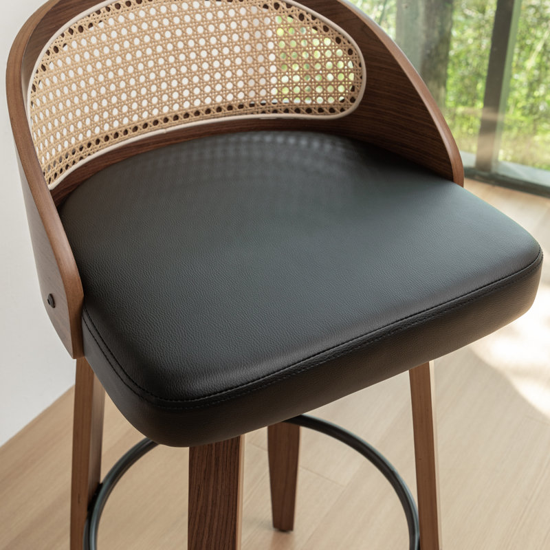 Swivel Upholstered Counter Stool with Solid Wood Frame, Counter Stool (63.5cm Seat Height), Black Faux Leather