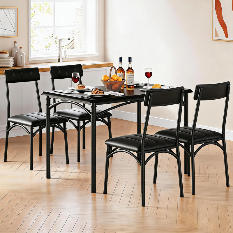 Ensemble de table de salle à manger 5 pièces pour 4 personnes - Table de cuisine rectangulaire et 4 chaises rembourrées, meubles de salle à manger en métal et bois, noir rustique - Couleur: 1 + 4 ensemble de table et chaises noir