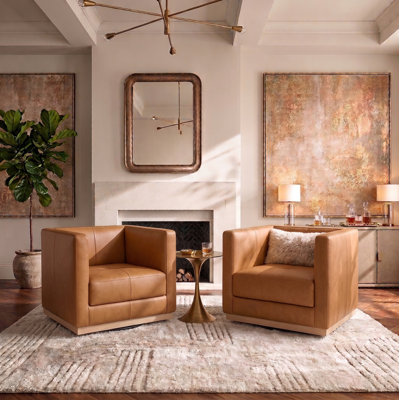 Fauteuil d'appoint moderne et pivotant en cuir véritable avec base en bois massif