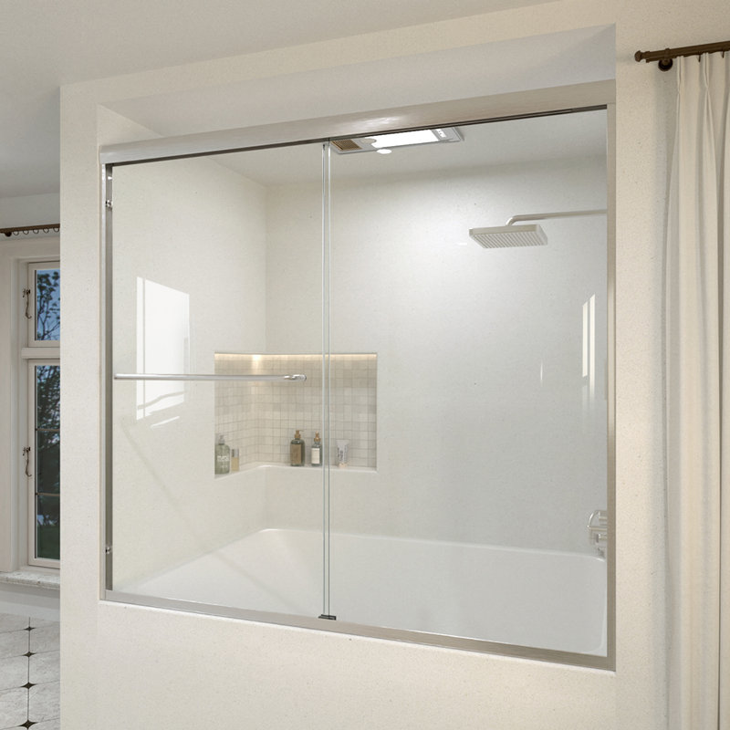 60 po Susurrus X P 56 po Porte de baignoire coulissante H en demi-cadre avec verre transparent en nickel brossé